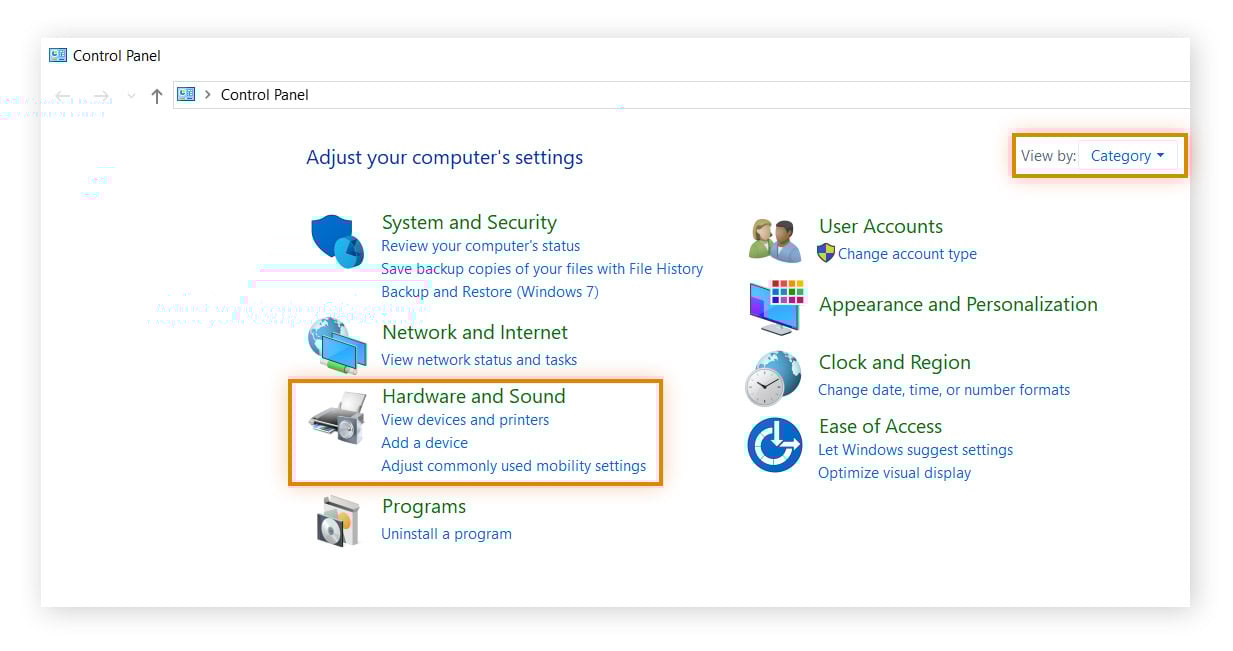 Capture d’écran des paramètres de l’ordinateur en vue « catégorie » sous Windows 10.