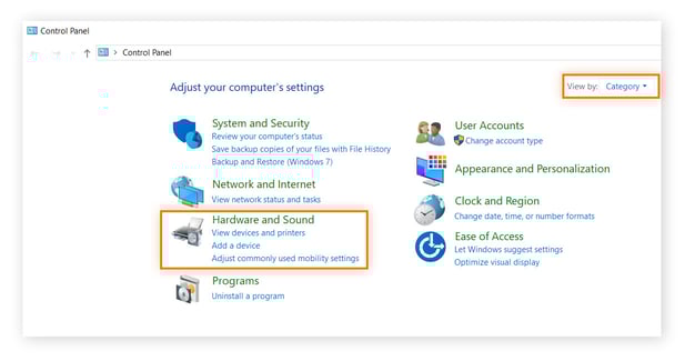 A screenshot of computer settings in "category" view on Windows 10.