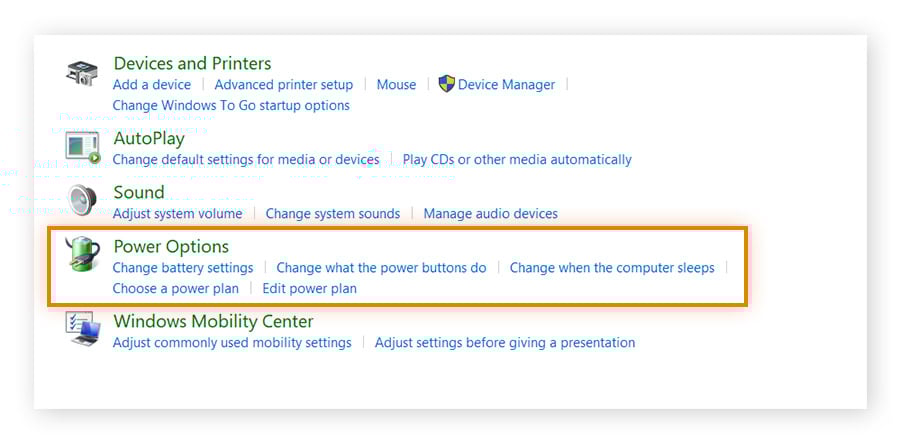 Ouverture des options d’alimentation sous Windows 10.