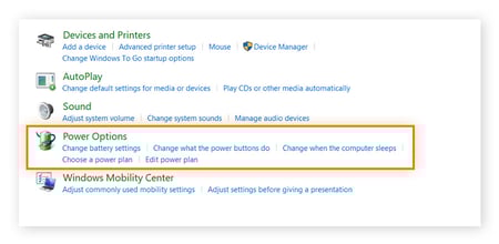 Opening power options on Windows 10.