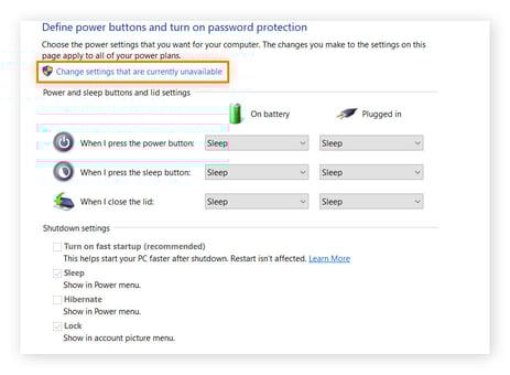 Turning off fast startup in Windows power settings.