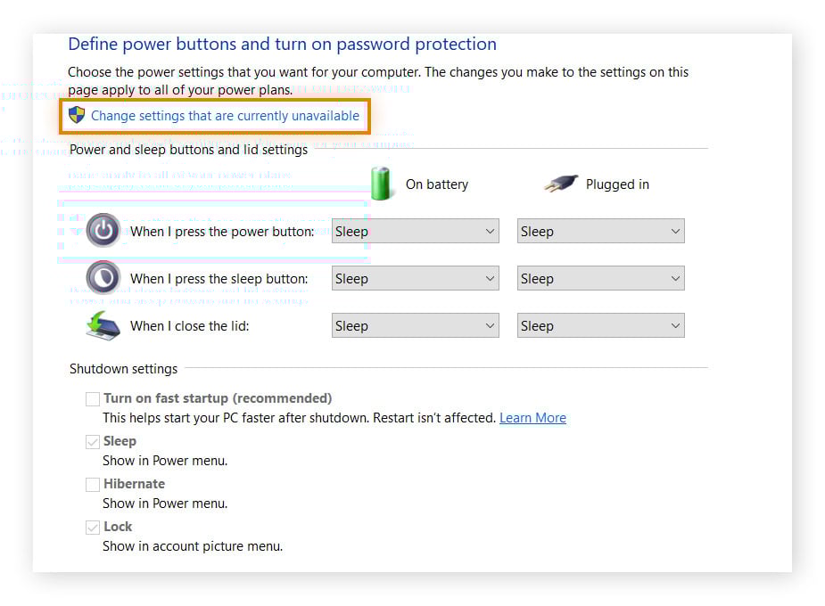 Desativação da inicialização rápida nas configurações de energia do Windows.