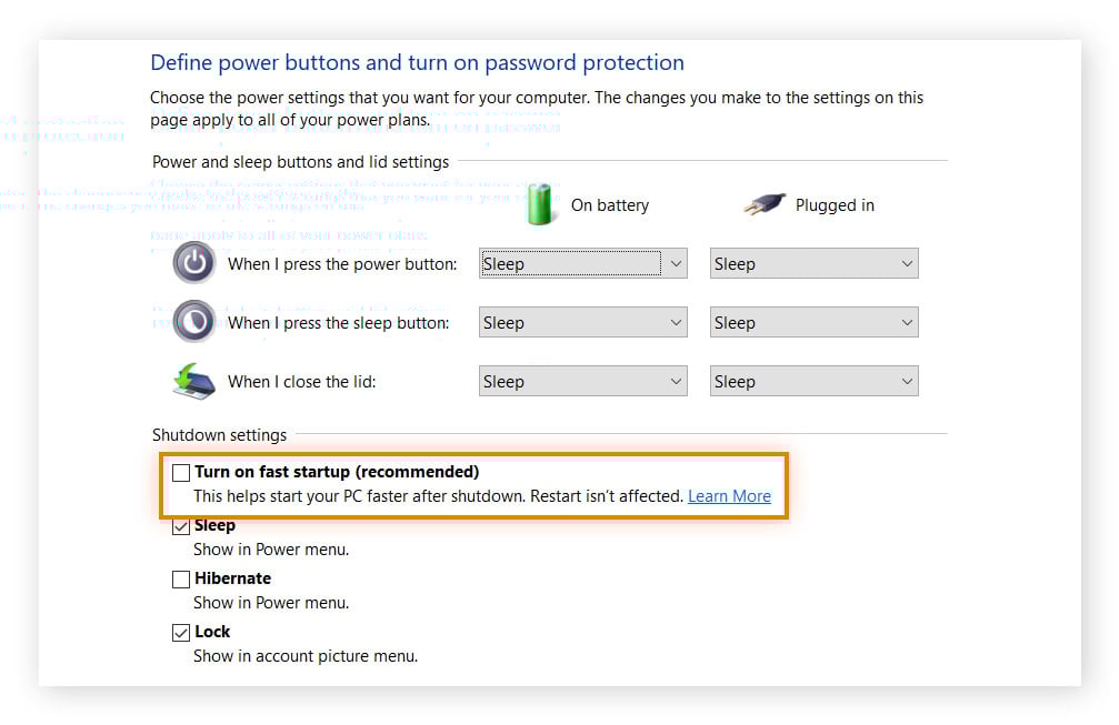 Désactivation du démarrage rapide dans les paramètres d’alimentation de Windows.
