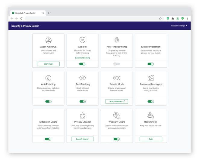 Le centre de sécurité et de confidentialité unique d’Avast Secure Browser comprend un bloqueur de publicités, la technologie Anti-empreinte et un VPN pour préserver la confidentialité de vos interactions en ligne.