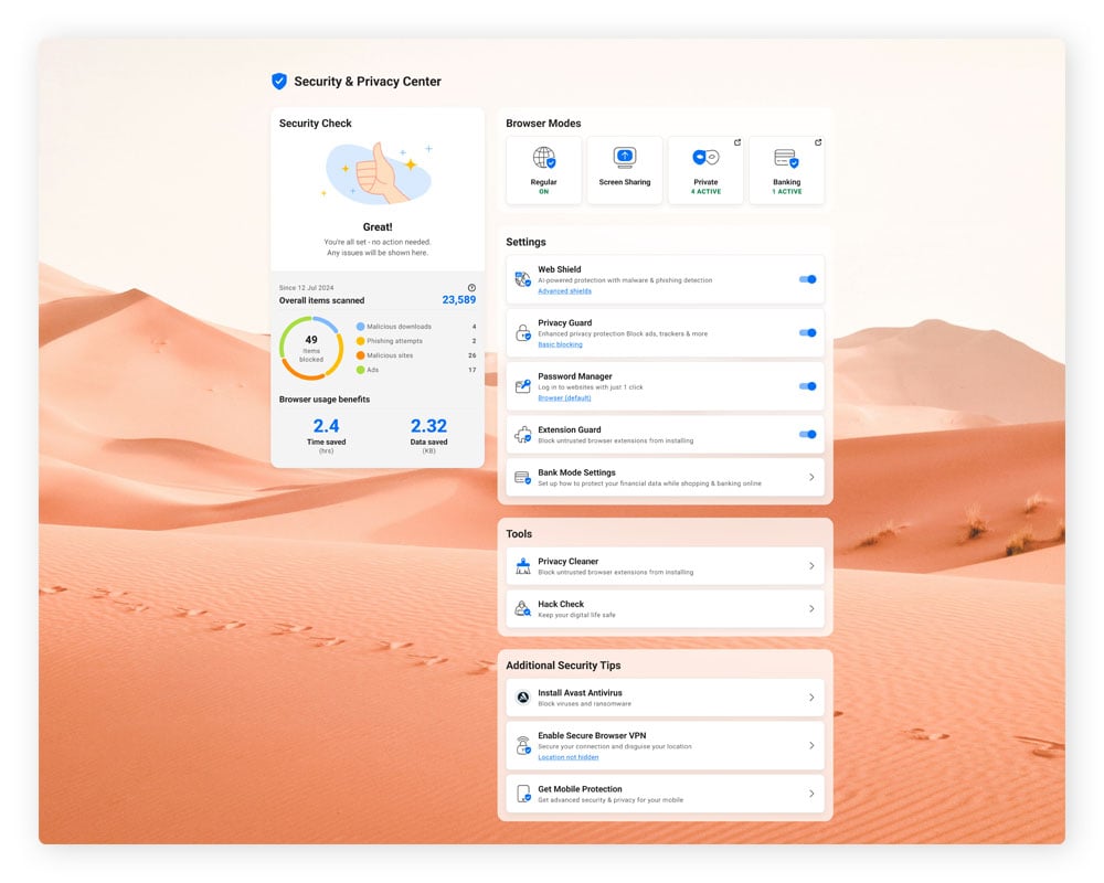 A screenshot of the Avast Secure Browser's redesigned security & privacy center.