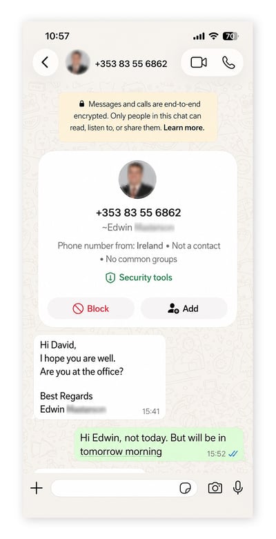Screenshot of a WhatsApp message from an imposter executive