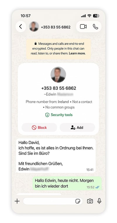 Screenshot: WhatsApp-Nachricht von einem als Führungskraft getarnten Betrüger