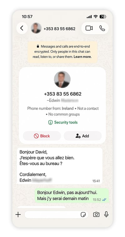 Capture d’écran d’un message WhatsApp envoyé par un faux dirigeant