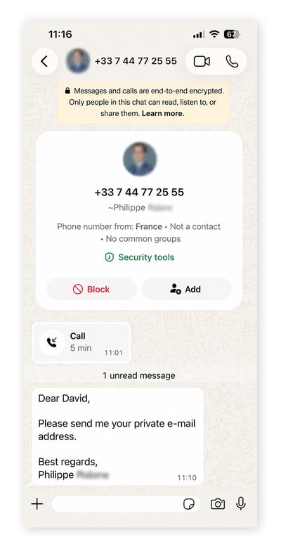 Screenshot of a WhatsApp message from an imposter PwC consultant.