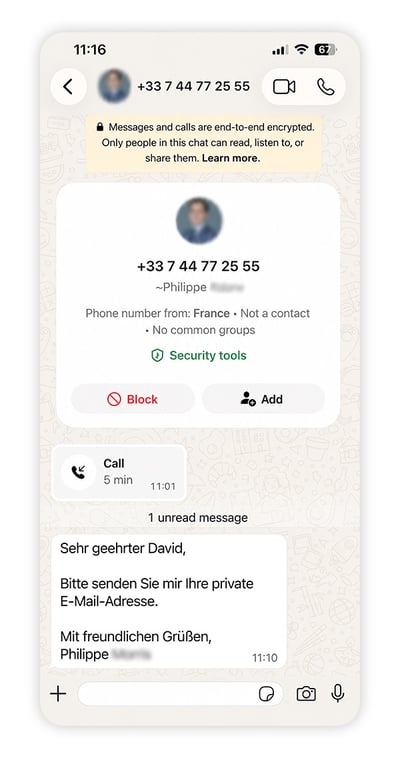 Screenshot: WhatsApp-Nachricht von einem als PwC-Berater ausgegebenen Betrüger.