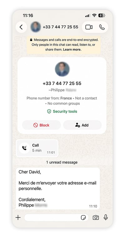 Capture d’écran d’un message WhatsApp envoyé par une personne se faisant passer pour un consultant de PwC.