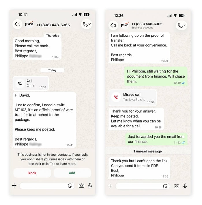 WhatsApp screenshots of an imposter PwC consultant requesting receipts for a money transfer.