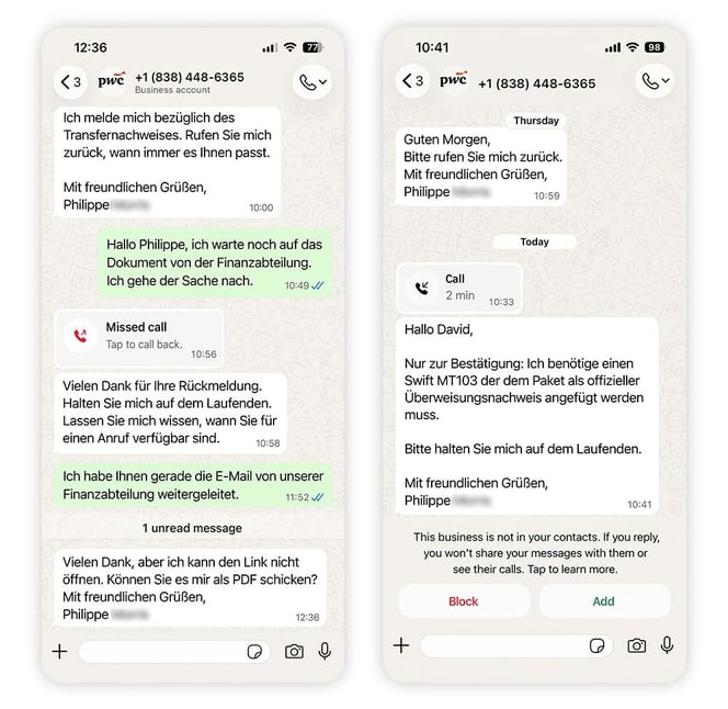 WhatsApp-Screenshots eines falschen PwC-Beraters, der Belege für eine Geldüberweisung anfordert.