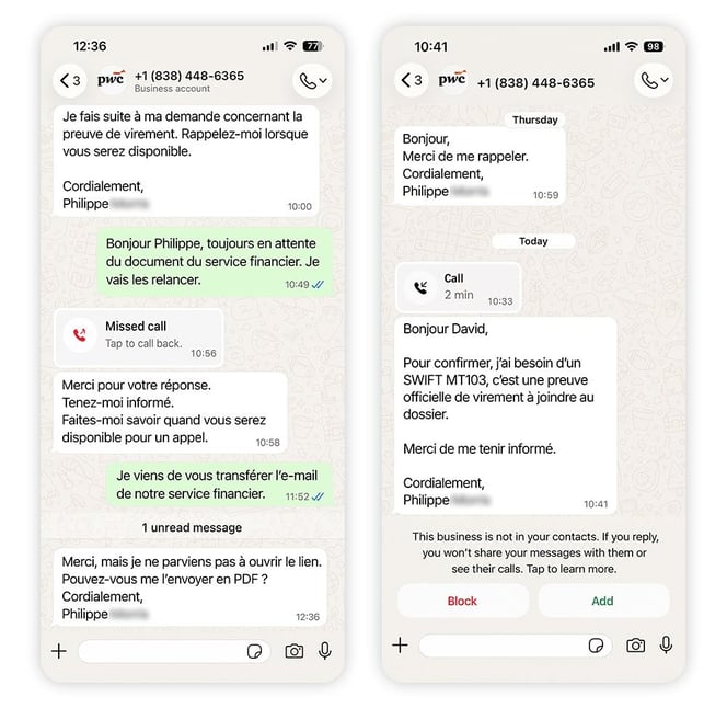 Captures d’écran WhatsApp d’un consultant PwC usurpé réclamant des preuves d’un virement.