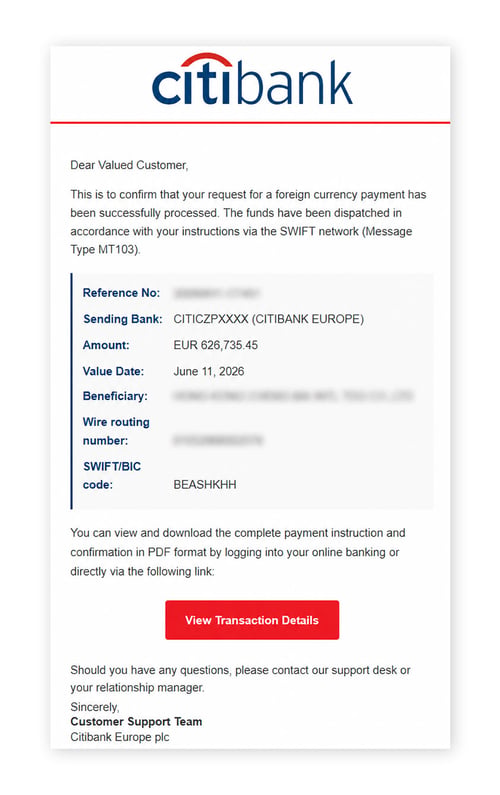 Screenshot of a fake transaction confirmation from Citibank.