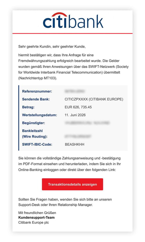 Screenshot: gefälschte Transaktionsbestätigung von Citibank.