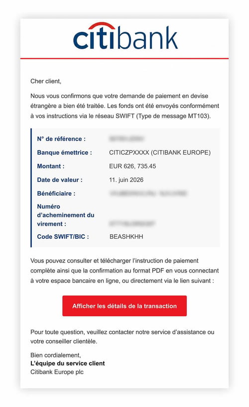 Capture d’écran d’une fausse confirmation de transaction émise par Citibank.