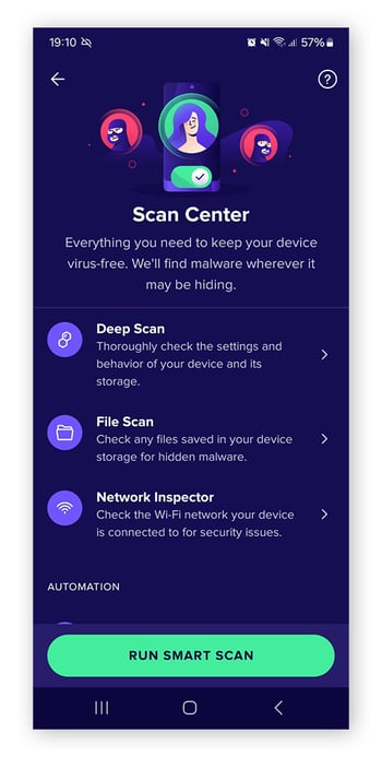 Exécution d’une analyse Smart Scan dans Avast Mobile Security pour Android