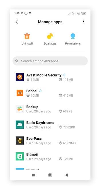 Écran de gestion des applications dans les paramètres Android