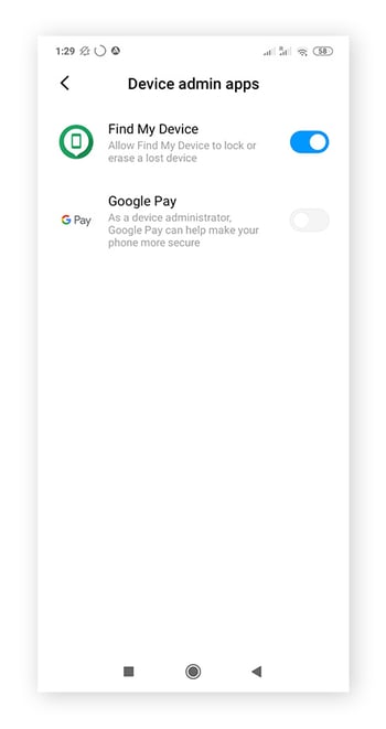 Écran des applications disposant des droits d’administrateur de l’appareil sur Android