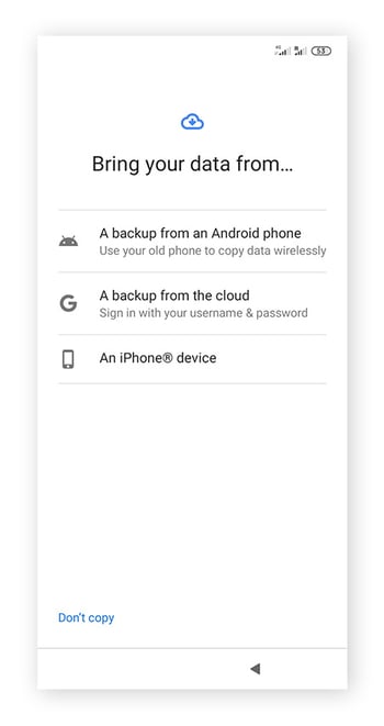 Sélection de l’emplacement à partir duquel importer des données après une réinitialisation aux paramètres d’usine sur Android