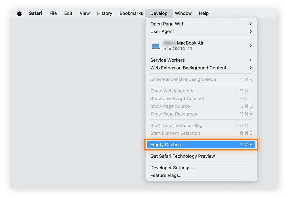 Esvaziar o cache do Safari por meio da guia Desenvolver no macOS.