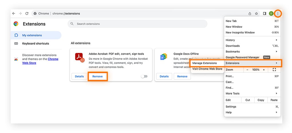 Remoção de extensões na versão do Google Chrome para macOS.