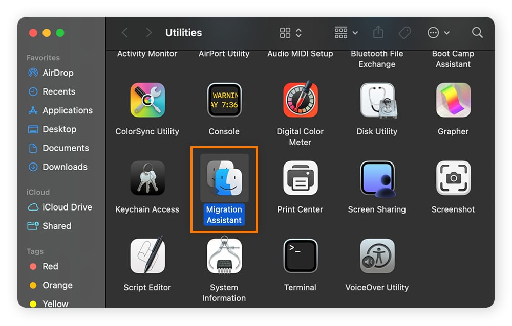 Selecting Migration Assistant in macOS Utilities to start the process of restoring a backup.