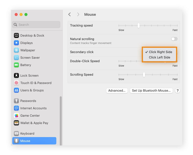 Exibição de como clicar com o botão direito no Magic Mouse ativando o clique secundário.