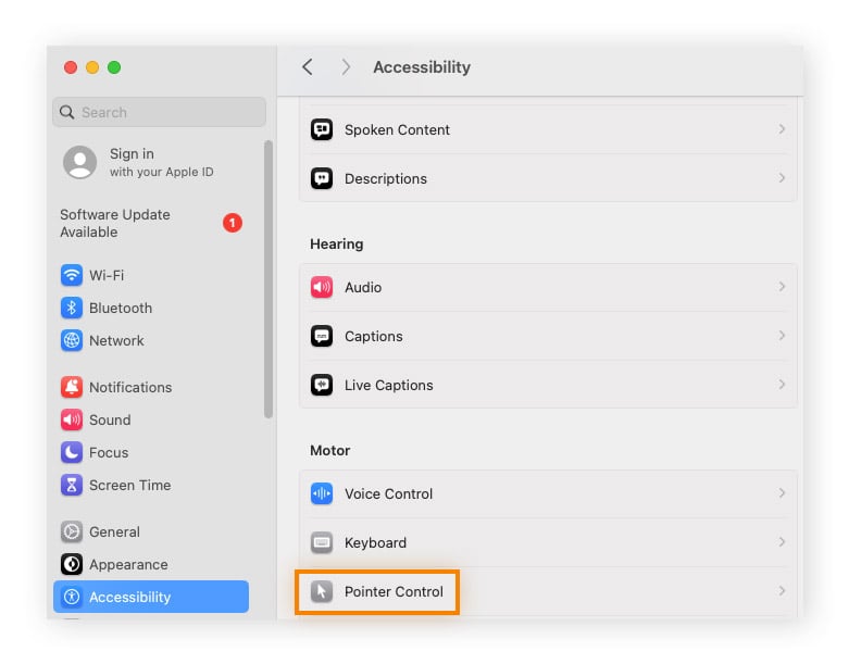 Para ativar as Teclas do mouse ou Ações alternativas do cursor, escolha Controle do cursor em Acessibilidade.