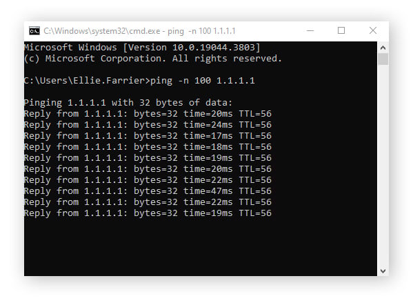  Saisie de la commande « ping -n 100 1.1.1.1 » dans cmd pour tester les pertes de paquets sous Windows 10.