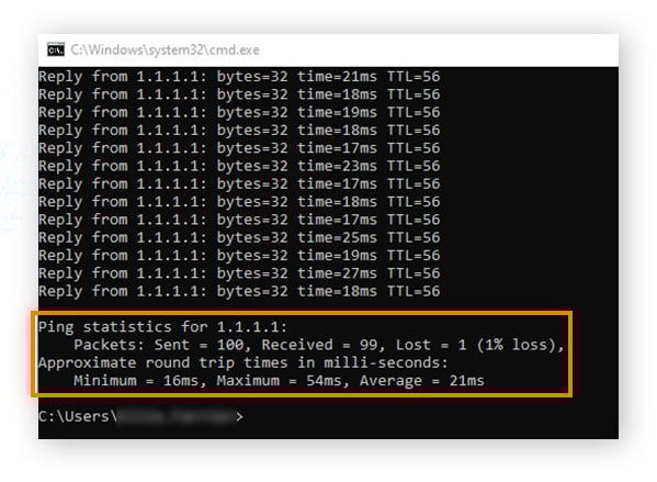 Verificar o teste de perda de pacotes no cmd do Windows 10 para ver o percentual de perda de pacotes.