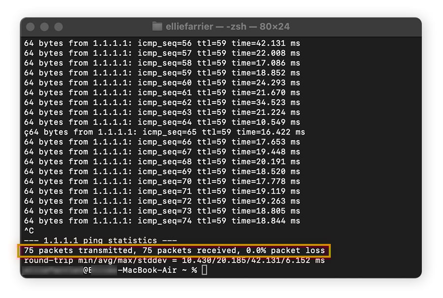 Résultats d’un test de pertes de paquets sur Mac.
