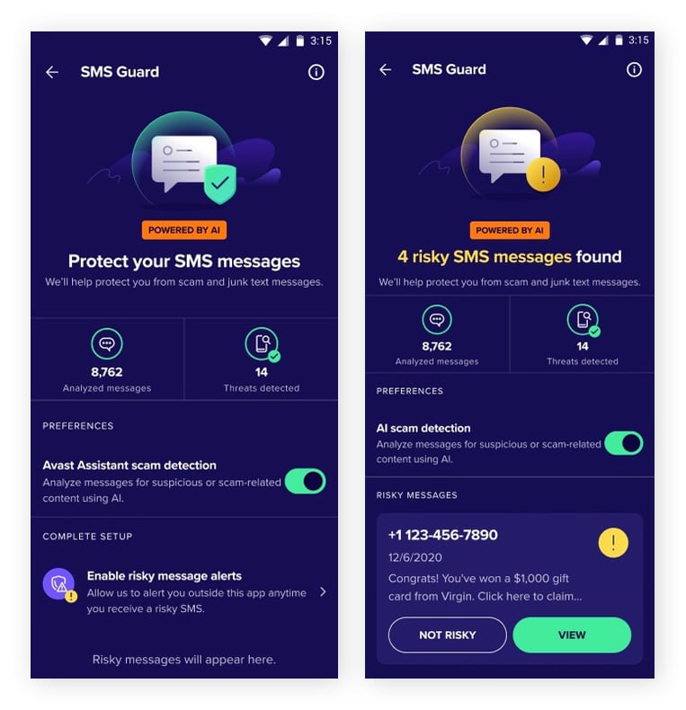 Screenshots der Anti-Scam-Funktion des Avast SMS-Wächters unter Android.