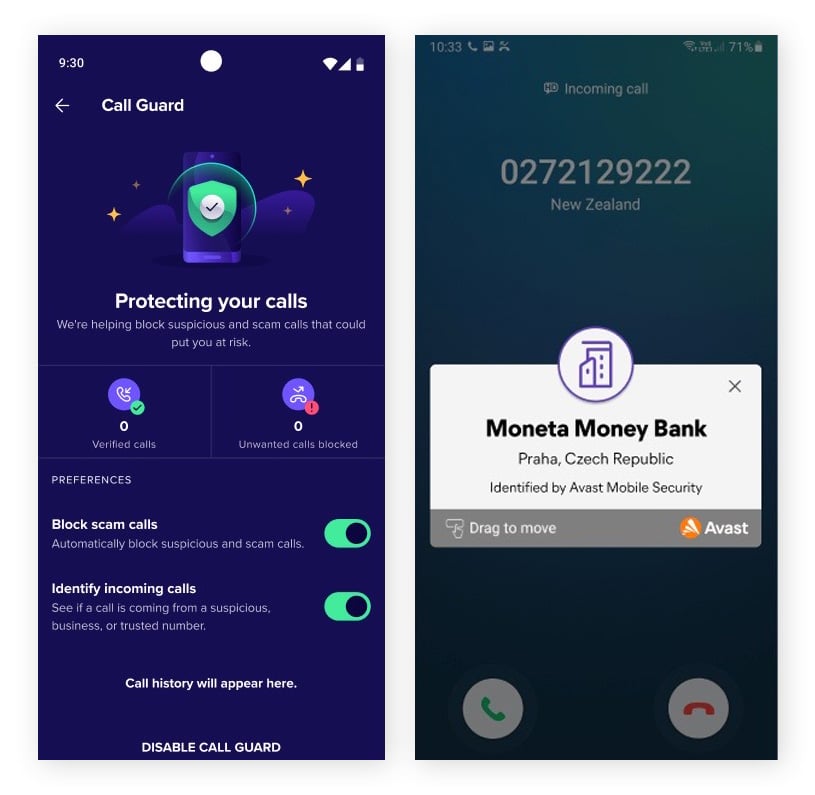 Screenshots der Anti-Scam-Funktion des Avast Telefonwächters unter Android.