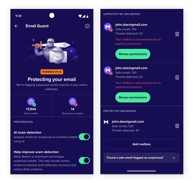 Screenshots der Anti-Scam-Funktion des Avast E-Mail-Wächters unter Android.