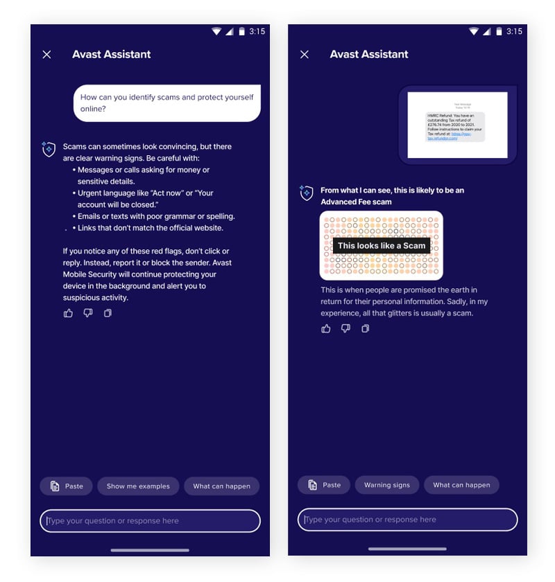 Screenshots der Betrugsschutz-Funktion des Avast-Assistenten unter Android.