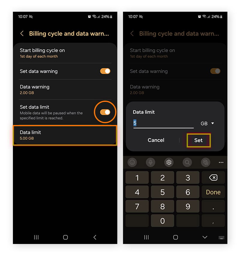 Captures d’écran expliquant comment définir une limite données dans les paramètres d’Android.