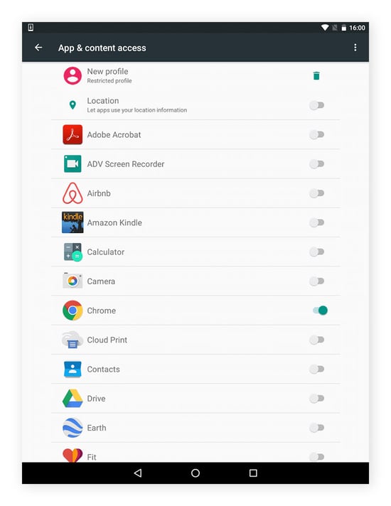 Options d’activation et de désactivation de l’accès à certaines applications lors de la création d’un profil utilisateur limité.
