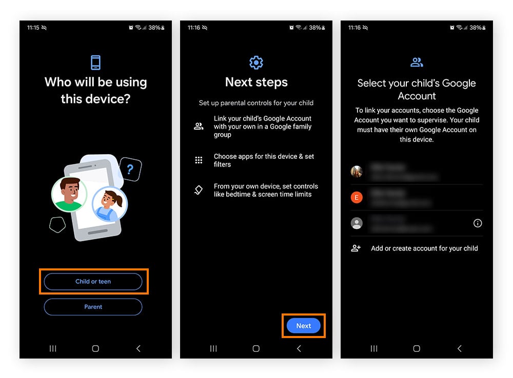  Captures d’écran expliquant comment configurer le contrôle parental via Family Link sous Android.