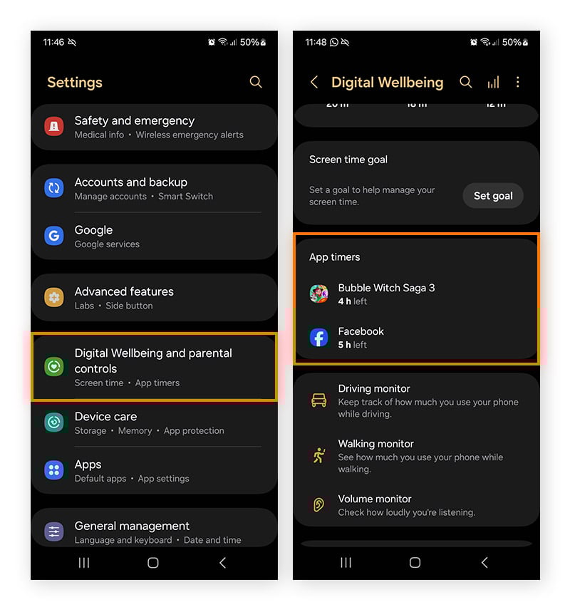 Accès à la fonction Limites d’application dans les paramètres Samsung Galaxy.