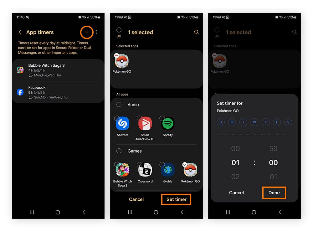 Configuration des limites d’applications pour limiter l’utilisation d’applications sur un téléphone Samsung Galaxy.