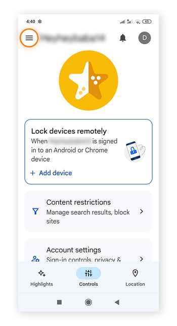  Ouverture des paramètres dans Google Family Link sous Android.