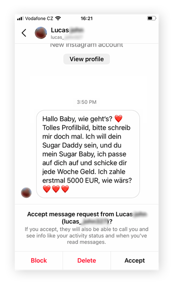 Ein weiteres Beispiel für Sugar-Daddy-Betrug auf Instagram