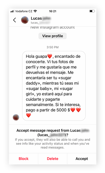 Otro ejemplo de estafa de «sugar daddy» en Instagram