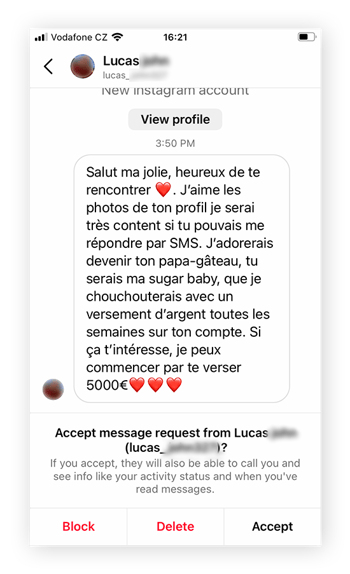 Autre exemple d’arnaque Sugar Daddy sur Instagram