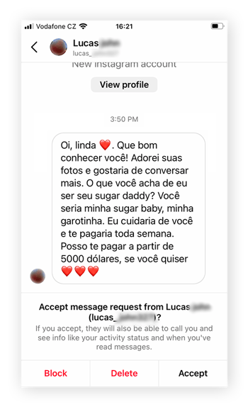 Outro exemplo de golpe de sugar daddy no Instagram