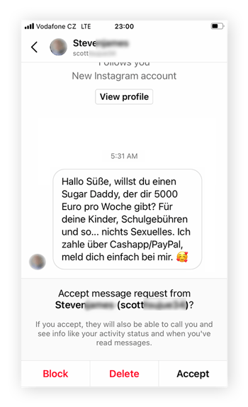 Sugar-Daddy-Betrug über PayPal beginnt in der Regel auf Instagram oder in anderen sozialen Medien.