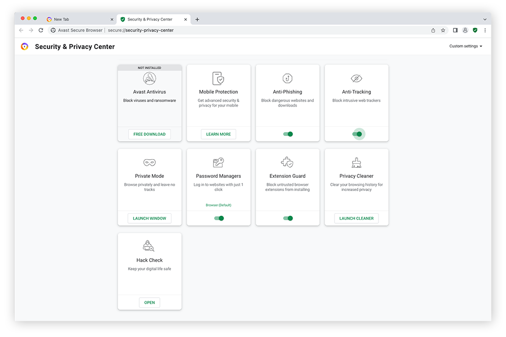 Central de Segurança e Privacidade do Avast Secure Browser, mostrando os muitos recursos avançados de privacidade disponíveis.