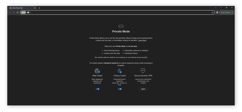 A screenshot of the Avast Secure Browser in Private Mode.